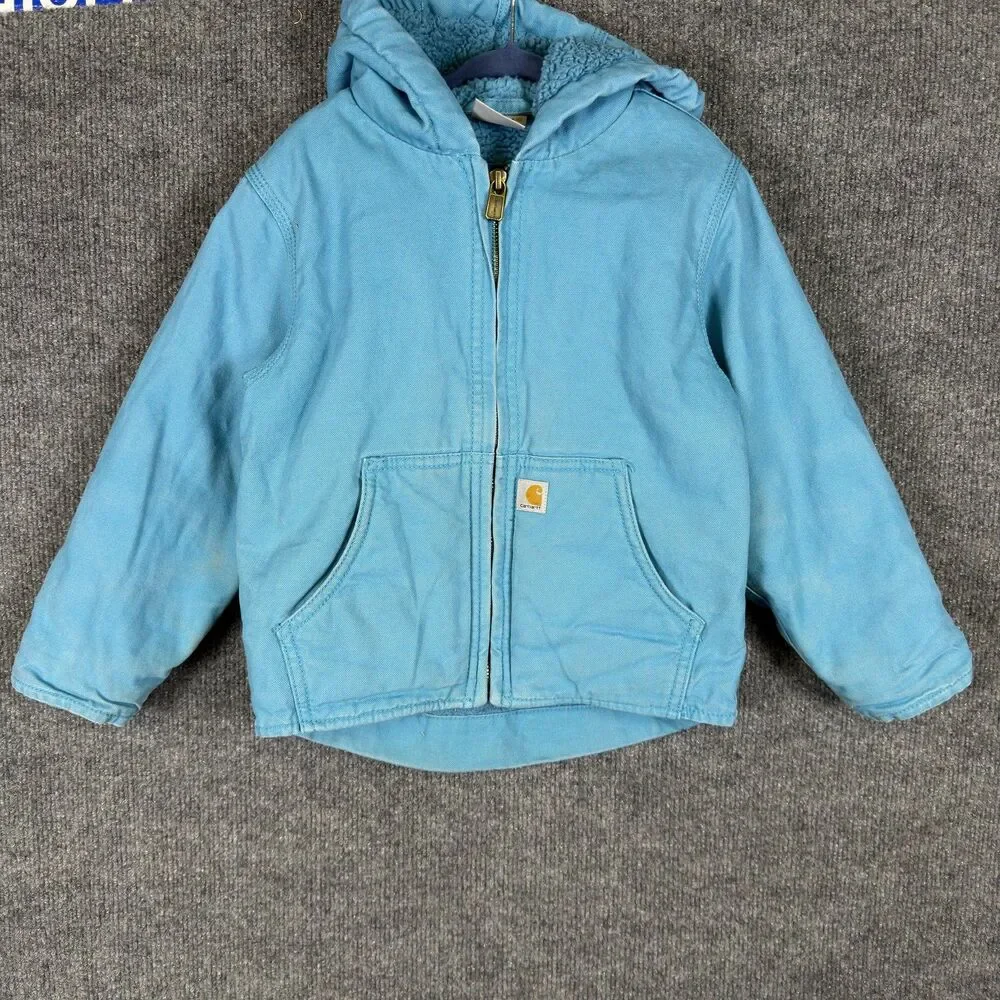 Carhartt Kids Full Zip Hooded Jacket Size XXS 4-5 Aqua Blue Sherpa Lined Teal